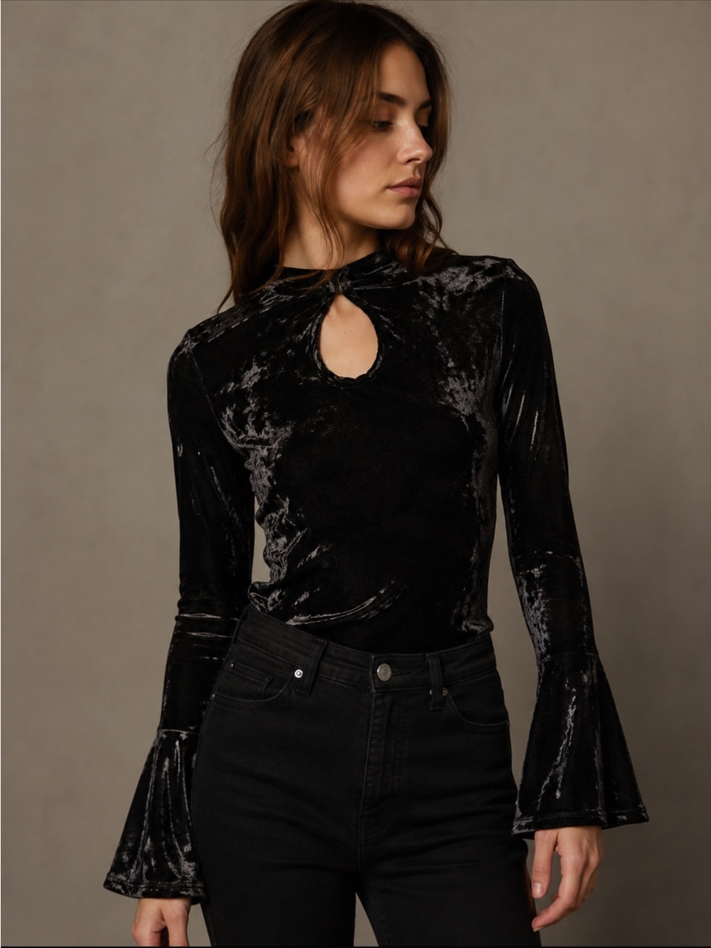 Parker Black Crushed Velvet Keyhole Bell-Sleeve Top
